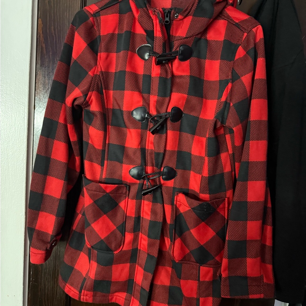 Red and Black Plaid Toggle Coat